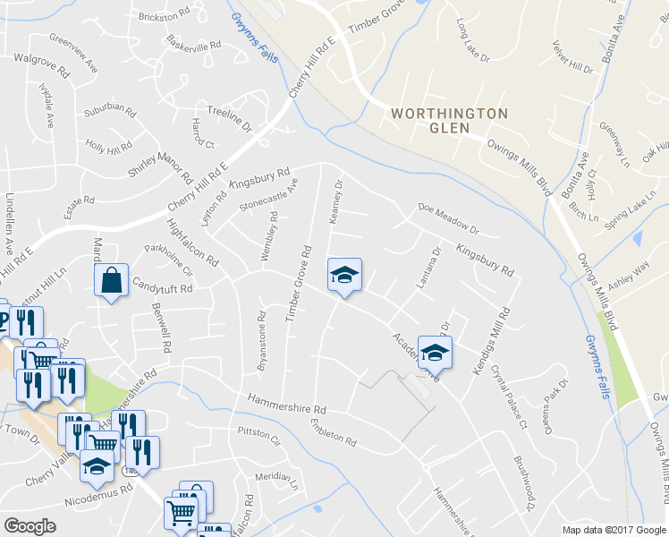 map of restaurants, bars, coffee shops, grocery stores, and more near 307 Kearney Drive in Owings Mills