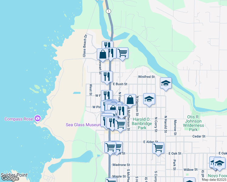 map of restaurants, bars, coffee shops, grocery stores, and more near 622 N Main St in Fort Bragg