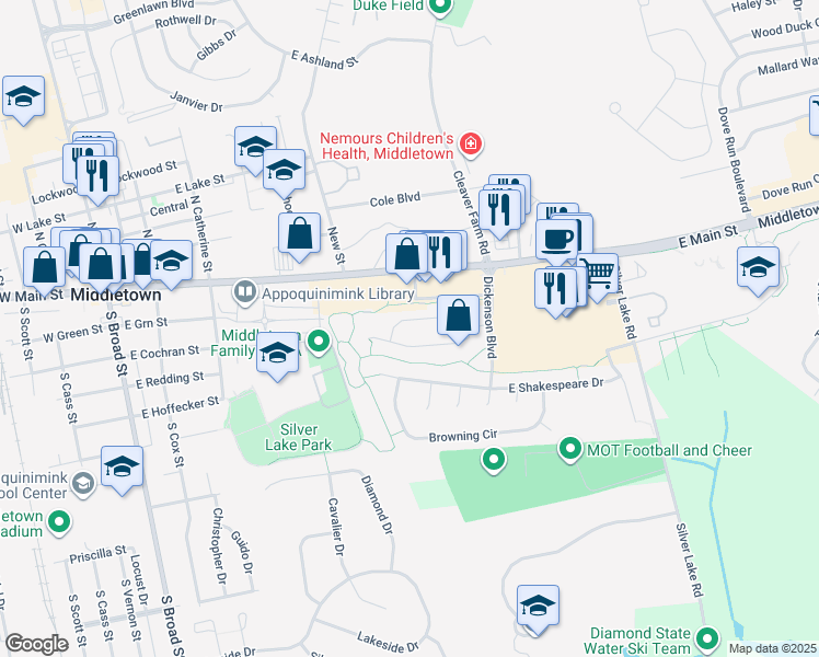 map of restaurants, bars, coffee shops, grocery stores, and more near 39 North Cummings Drive in Middletown