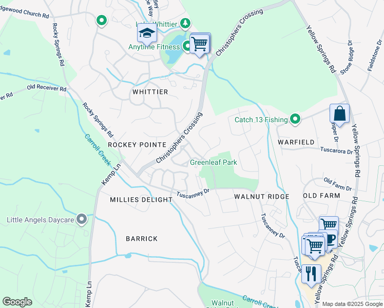 map of restaurants, bars, coffee shops, grocery stores, and more near 2103 Wayside Drive in Frederick