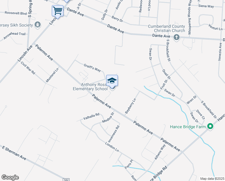 map of restaurants, bars, coffee shops, grocery stores, and more near 2572 Palermo Avenue in Vineland