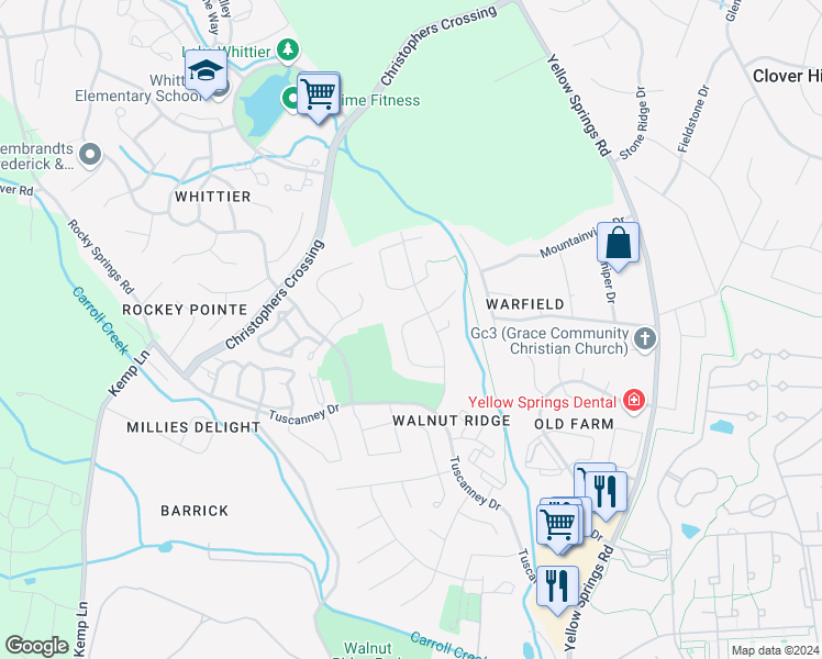 map of restaurants, bars, coffee shops, grocery stores, and more near 1819 Weybridge Road in Frederick