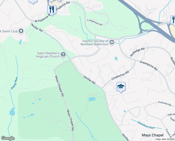 map of restaurants, bars, coffee shops, grocery stores, and more near 28 Alderman Court in Mays Chapel