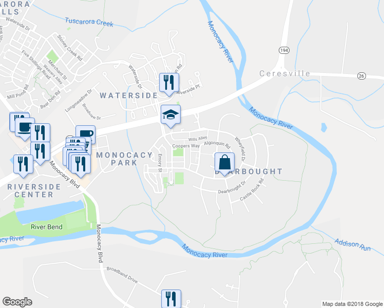 map of restaurants, bars, coffee shops, grocery stores, and more near 1719 Lynn Haven Alley in Frederick