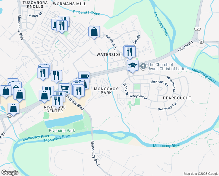 map of restaurants, bars, coffee shops, grocery stores, and more near 1474 Trafalgar Lane in Frederick