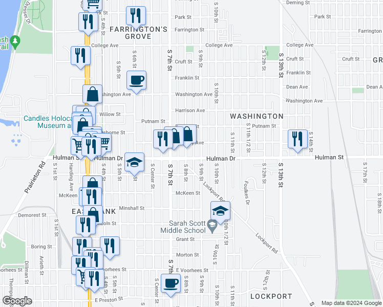 map of restaurants, bars, coffee shops, grocery stores, and more near 1632 South 8th Street in Terre Haute