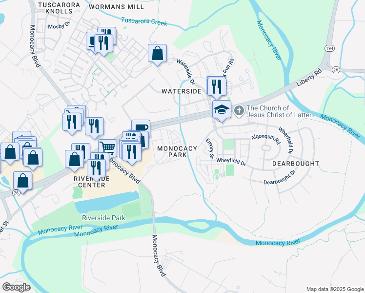 map of restaurants, bars, coffee shops, grocery stores, and more near 1474 Trafalgar Lane in Frederick