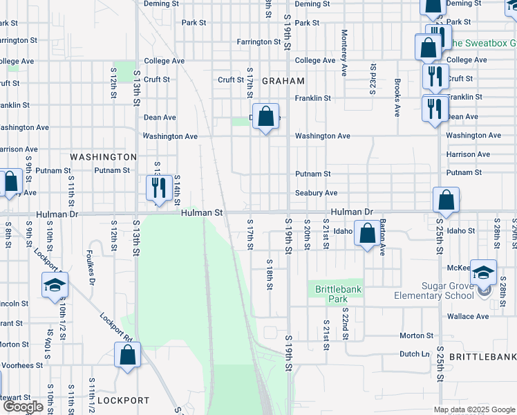 map of restaurants, bars, coffee shops, grocery stores, and more near 1704 Hulman Street in Terre Haute