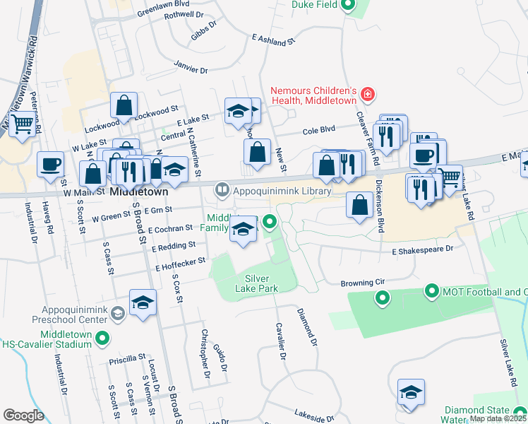 map of restaurants, bars, coffee shops, grocery stores, and more near 68 South Cummings Drive in Middletown