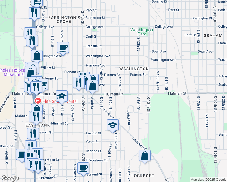 map of restaurants, bars, coffee shops, grocery stores, and more near 1629 South 11th Street in Terre Haute