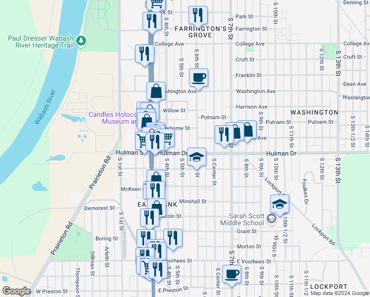 map of restaurants, bars, coffee shops, grocery stores, and more near 504 Hulman Street in Terre Haute