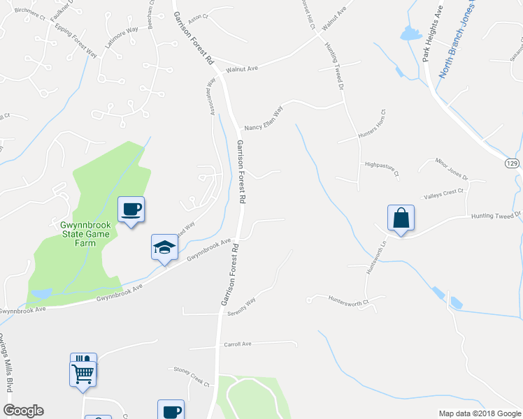 map of restaurants, bars, coffee shops, grocery stores, and more near 3406 Starlite Court in Owings Mills