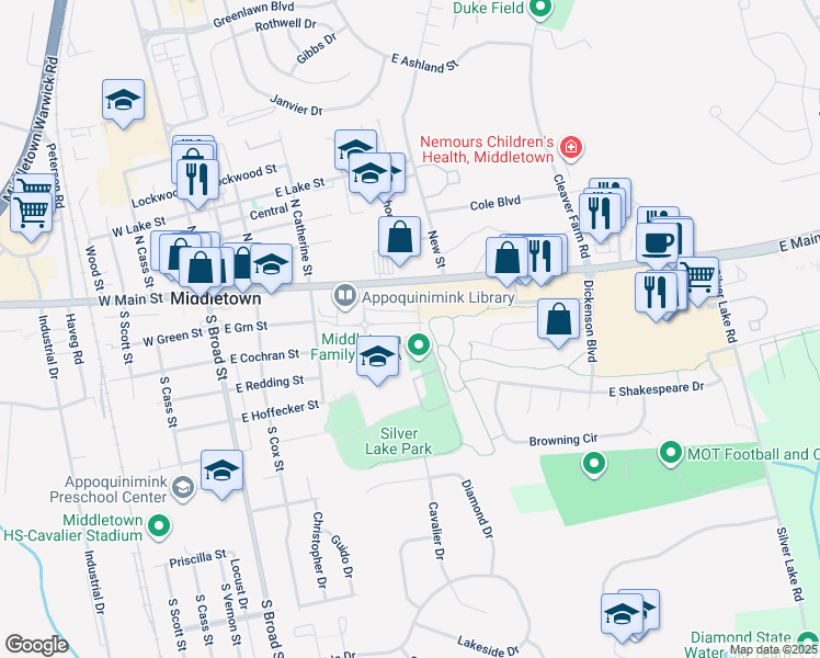 map of restaurants, bars, coffee shops, grocery stores, and more near 68 South Cummings Drive in Middletown