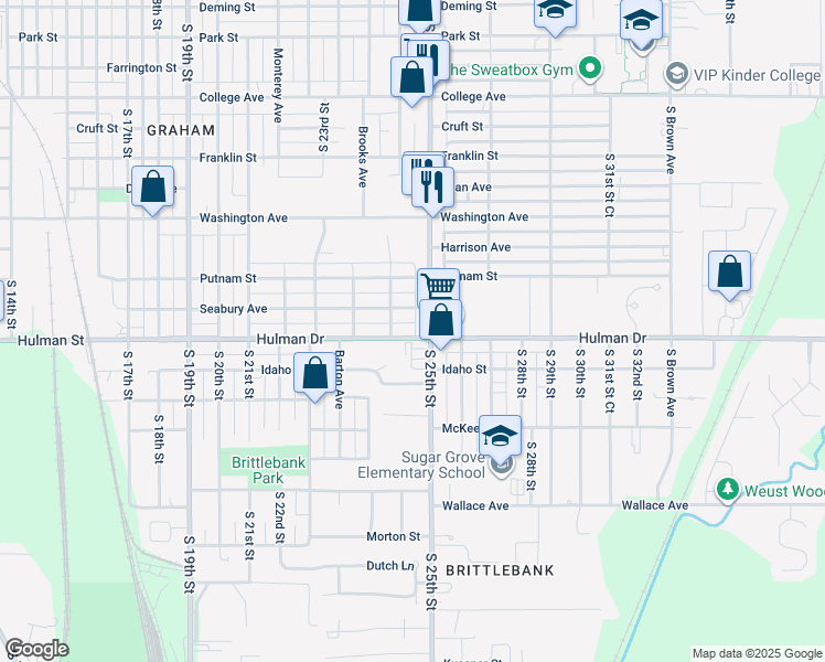 map of restaurants, bars, coffee shops, grocery stores, and more near 2440 Hulman Street in Terre Haute