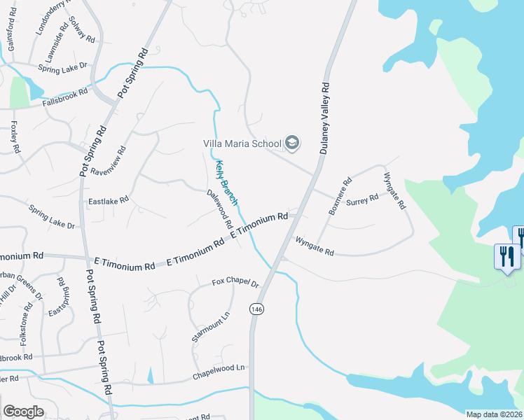 map of restaurants, bars, coffee shops, grocery stores, and more near 404 East Timonium Road in Timonium