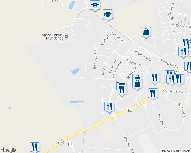 map of restaurants, bars, coffee shops, grocery stores, and more near 52 Spring Arbor Drive in Middletown