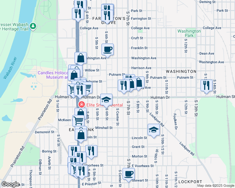 map of restaurants, bars, coffee shops, grocery stores, and more near 1624 South Center Street in Terre Haute