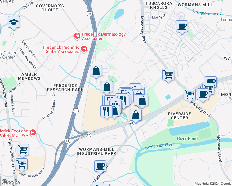 map of restaurants, bars, coffee shops, grocery stores, and more near 2606 Egret Way in Frederick
