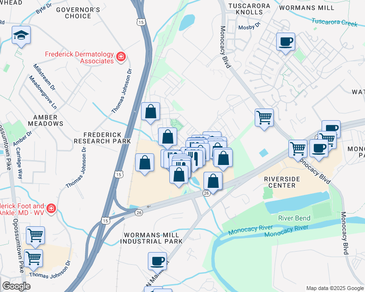 map of restaurants, bars, coffee shops, grocery stores, and more near 2606 Egret Way in Frederick