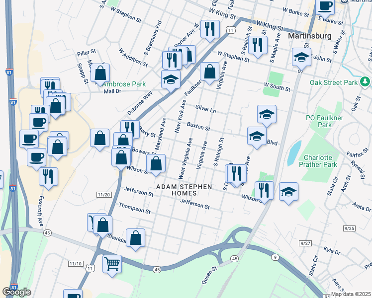 map of restaurants, bars, coffee shops, grocery stores, and more near 913 West Virginia Avenue in Martinsburg