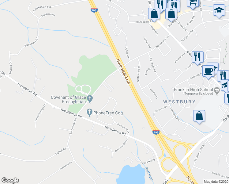 map of restaurants, bars, coffee shops, grocery stores, and more near 315 Berrymans Lane in Reisterstown