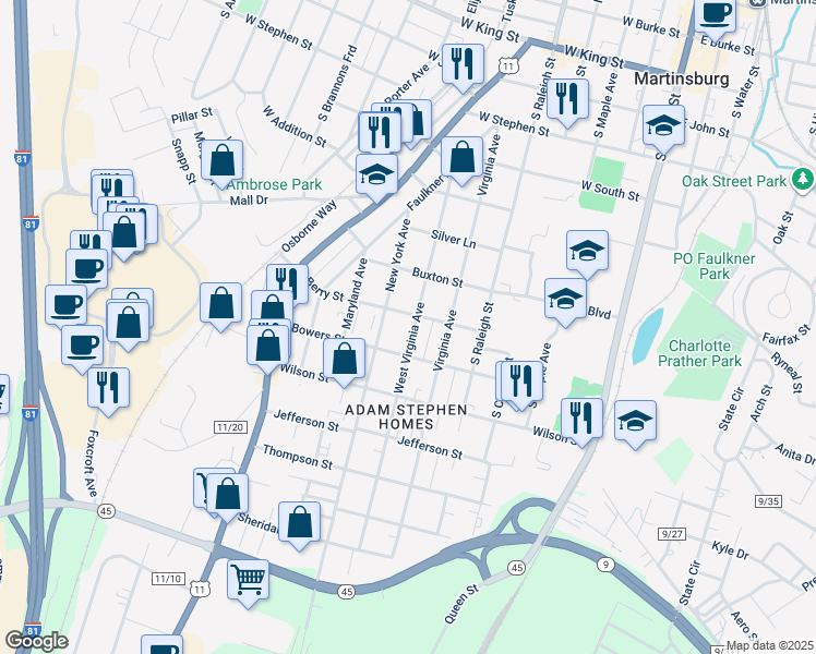 map of restaurants, bars, coffee shops, grocery stores, and more near 913 West Virginia Avenue in Martinsburg