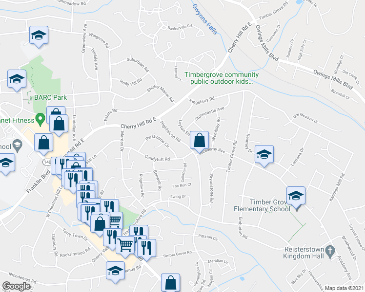 map of restaurants, bars, coffee shops, grocery stores, and more near 306 Highfalcon Road in Reisterstown