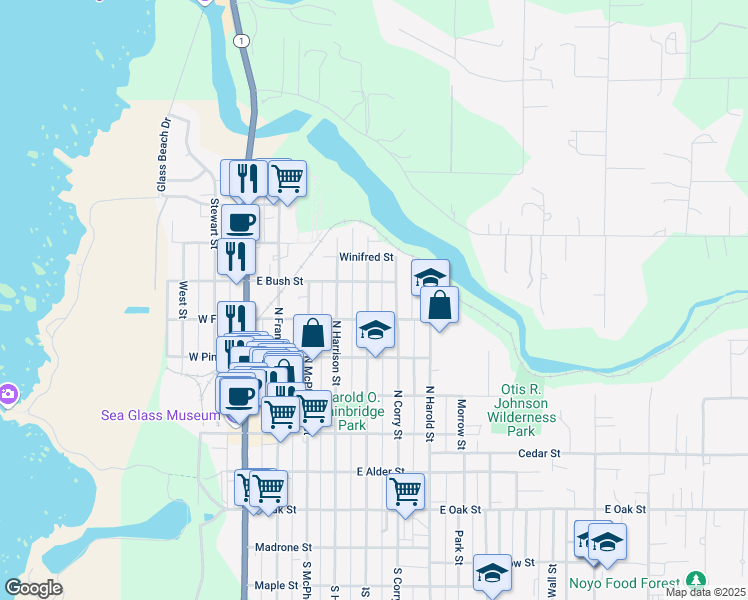 map of restaurants, bars, coffee shops, grocery stores, and more near 633 Perkins Way in Fort Bragg
