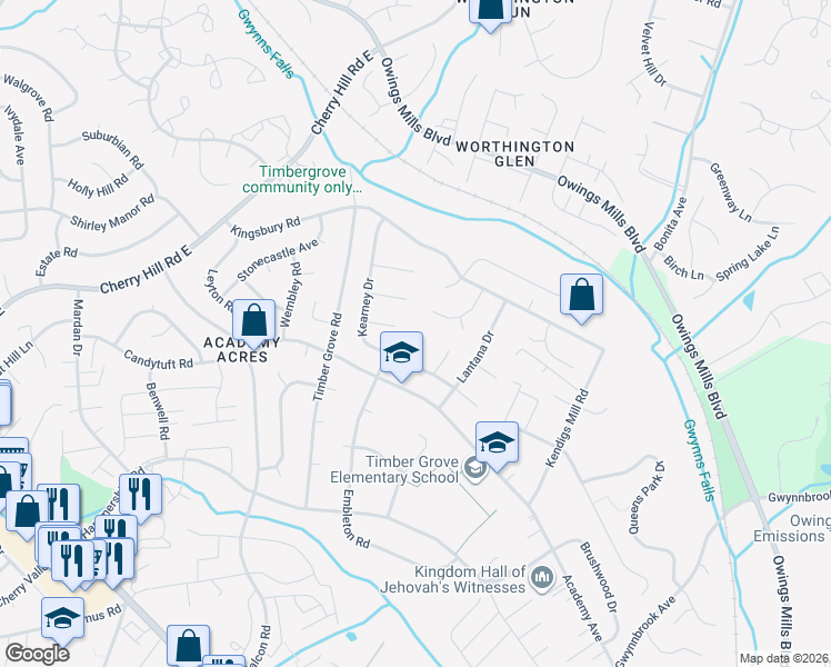 map of restaurants, bars, coffee shops, grocery stores, and more near 10 Honeybell Court in Owings Mills