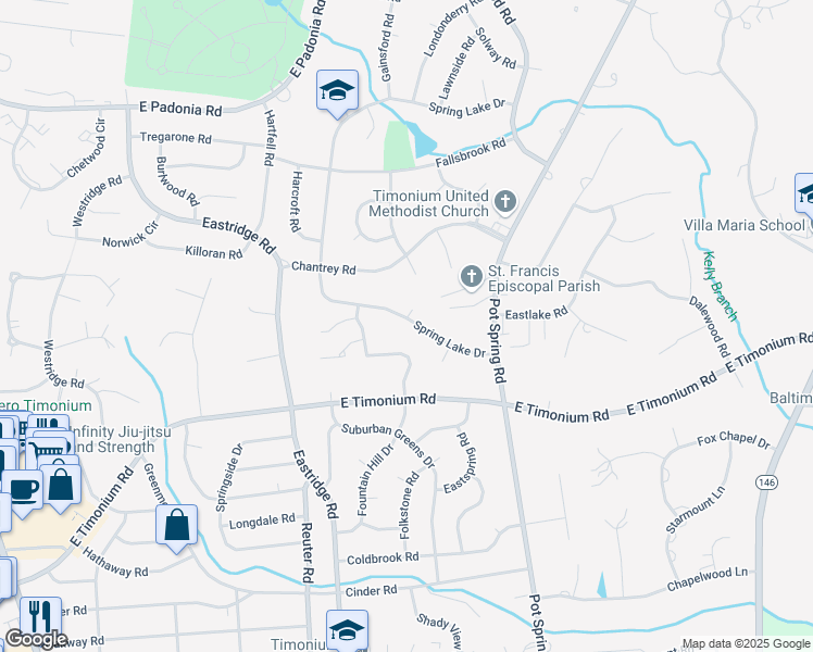 map of restaurants, bars, coffee shops, grocery stores, and more near 2218 Spring Lake Drive in Lutherville-Timonium