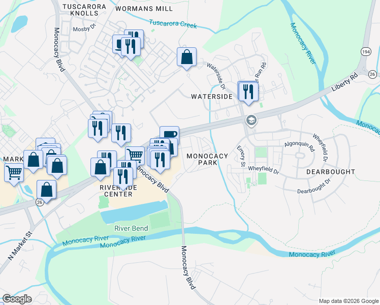 map of restaurants, bars, coffee shops, grocery stores, and more near 1513 Laurel Wood Way in Frederick