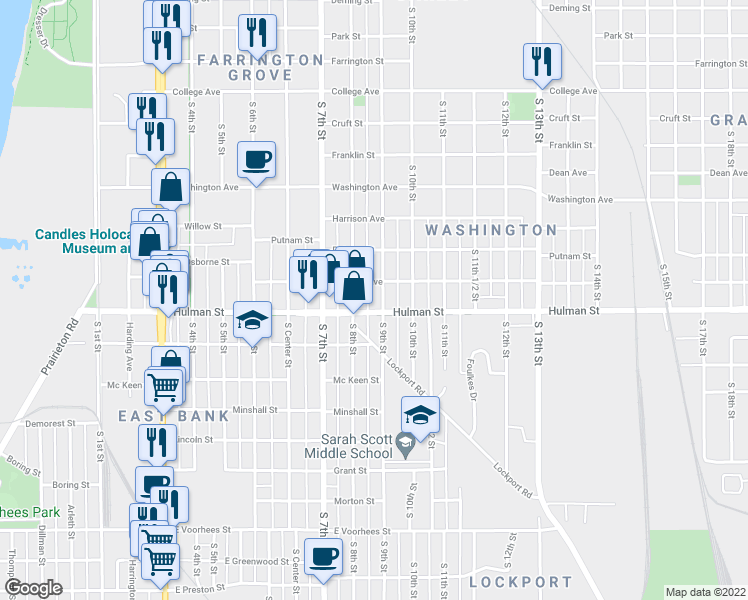 map of restaurants, bars, coffee shops, grocery stores, and more near 1632 South 8th Street in Terre Haute