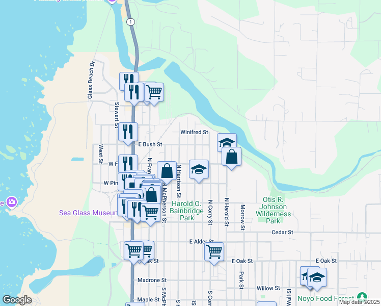map of restaurants, bars, coffee shops, grocery stores, and more near 633 Perkins Way in Fort Bragg