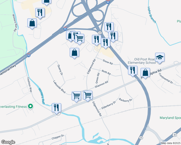 map of restaurants, bars, coffee shops, grocery stores, and more near 1559 Edgewood Road in Edgewood