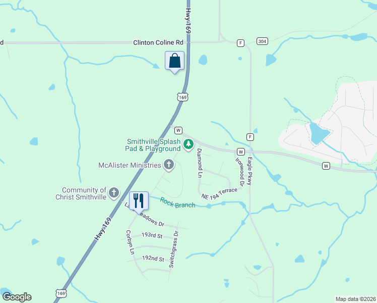 map of restaurants, bars, coffee shops, grocery stores, and more near 19535 Corbyn Lane in Smithville
