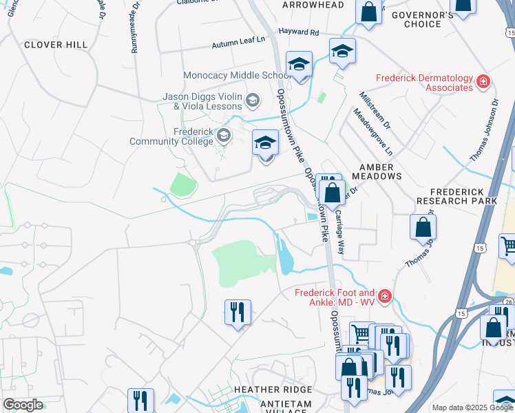 map of restaurants, bars, coffee shops, grocery stores, and more near Veterans Drive in Frederick