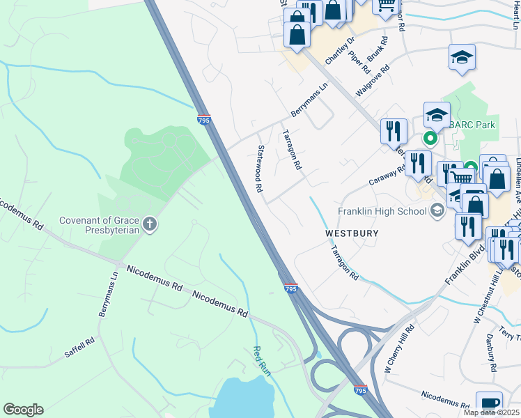 map of restaurants, bars, coffee shops, grocery stores, and more near 12124 Statewood Road in Reisterstown