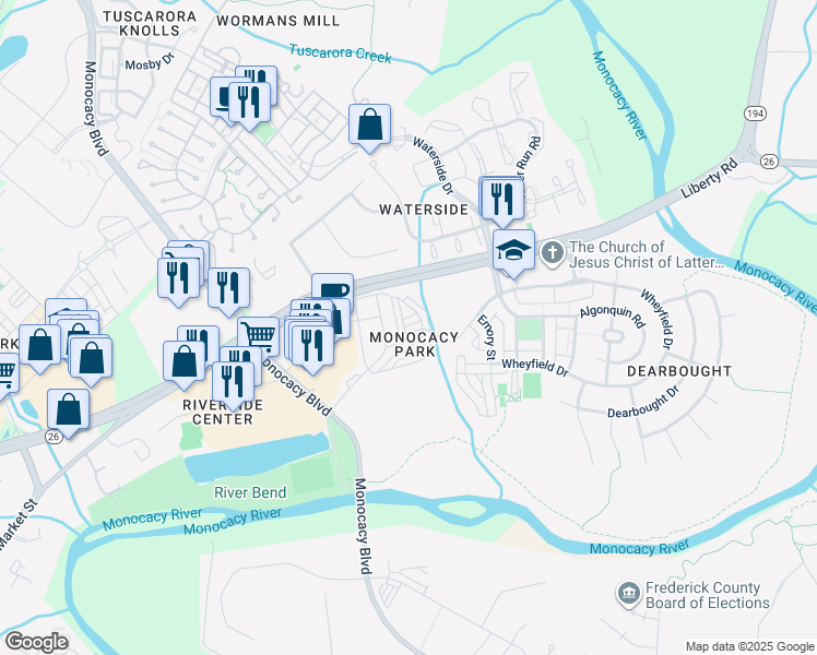 map of restaurants, bars, coffee shops, grocery stores, and more near 1547 Holland Park Lane in Frederick