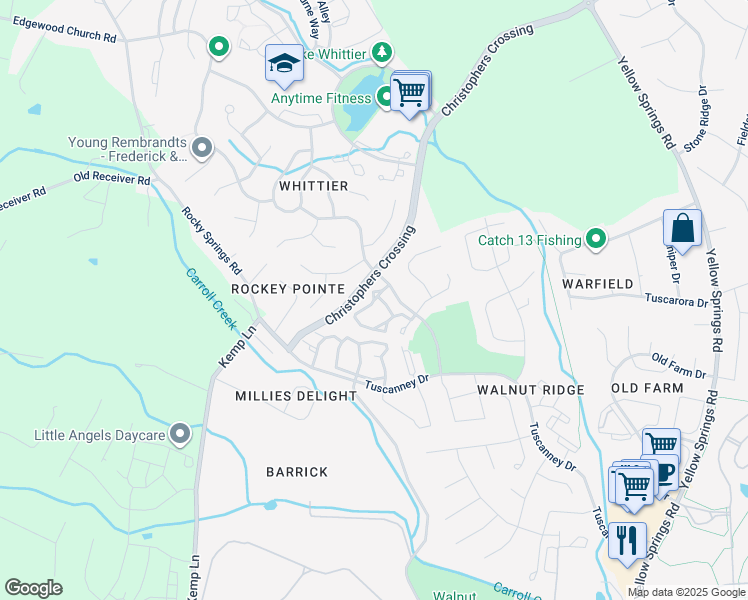 map of restaurants, bars, coffee shops, grocery stores, and more near Coach House Way in Frederick