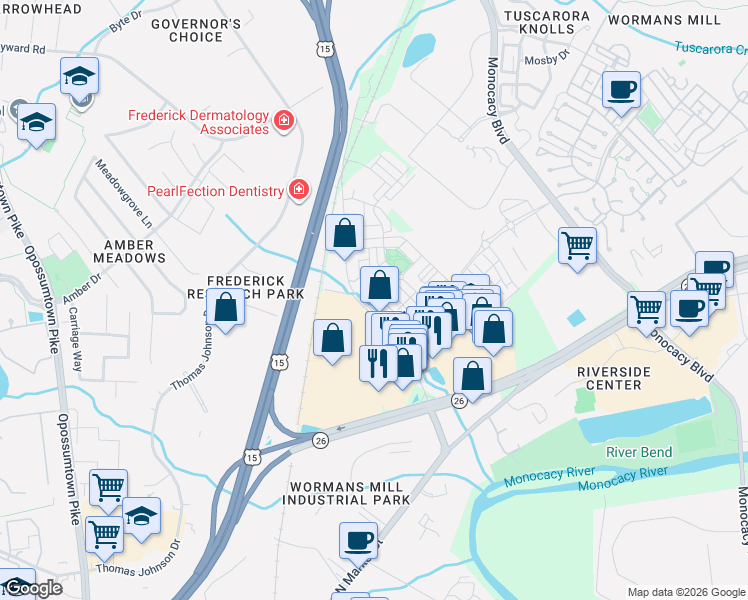 map of restaurants, bars, coffee shops, grocery stores, and more near 7831 Wormans Mill Road in Frederick