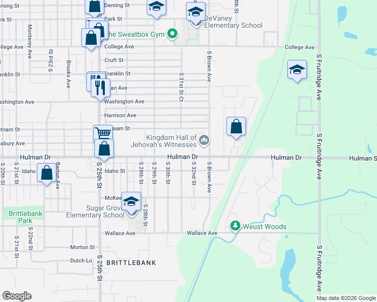 map of restaurants, bars, coffee shops, grocery stores, and more near 3200-3298 Hulman St in Terre Haute