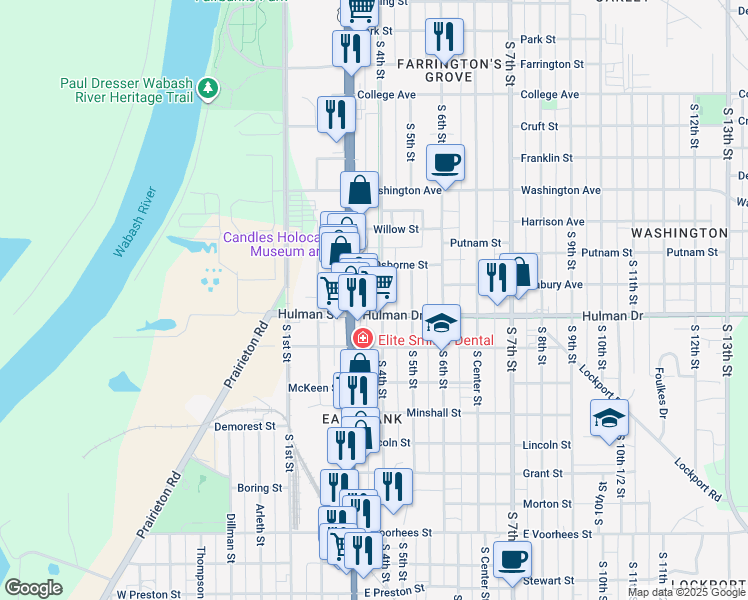 map of restaurants, bars, coffee shops, grocery stores, and more near 1656 South 4th Street in Terre Haute