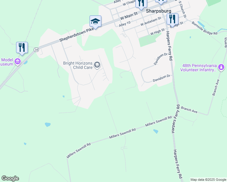 map of restaurants, bars, coffee shops, grocery stores, and more near 17700 Millers Sawmill Road in Sharpsburg