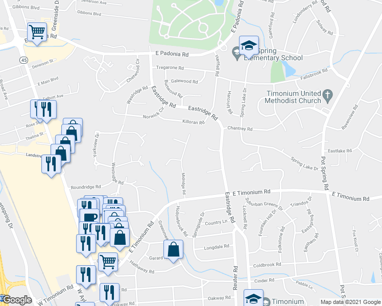 map of restaurants, bars, coffee shops, grocery stores, and more near 2215 Midridge Road in Lutherville-Timonium