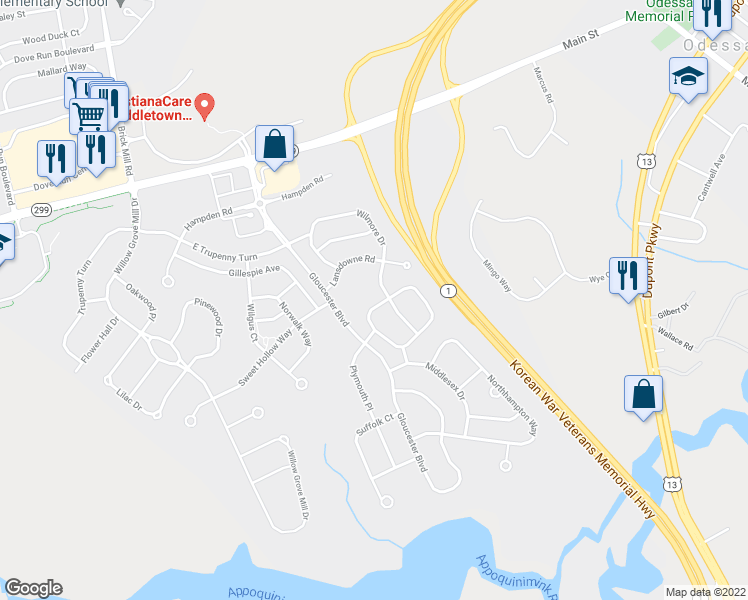 map of restaurants, bars, coffee shops, grocery stores, and more near 16 Springfield Circle in Middletown