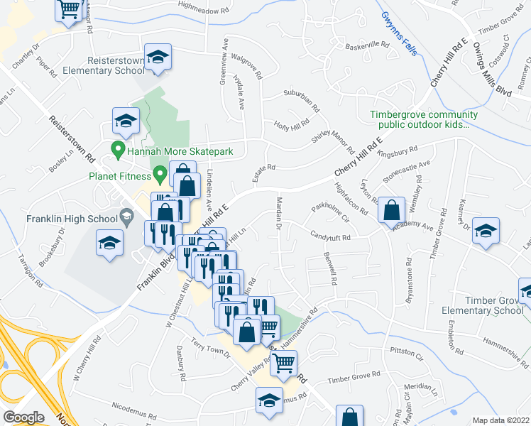 map of restaurants, bars, coffee shops, grocery stores, and more near 173 East Chestnut Hill Lane in Reisterstown