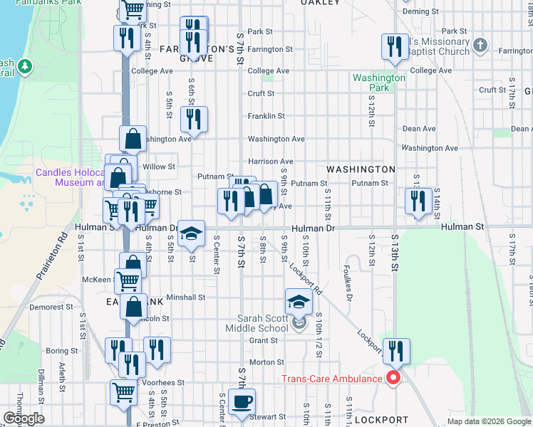 map of restaurants, bars, coffee shops, grocery stores, and more near 1632 South 8th Street in Terre Haute