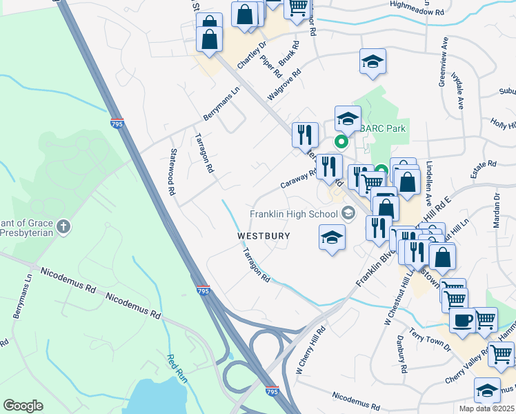 map of restaurants, bars, coffee shops, grocery stores, and more near 37 Caraway Road in Reisterstown