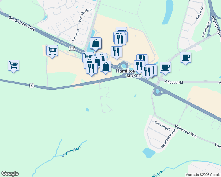 map of restaurants, bars, coffee shops, grocery stores, and more near 4480 Black Horse Pike in Hamilton