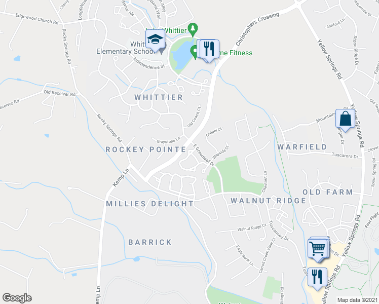 map of restaurants, bars, coffee shops, grocery stores, and more near 2505 Coach House Way in Frederick